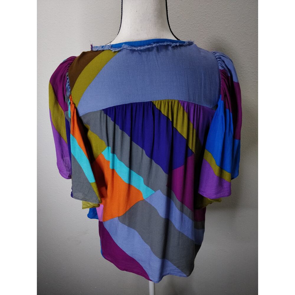 Anthropologie Hiche Mosaic Multicolor Blue Colorblock Flutter Sleeve Top S - Picture 6 of 10